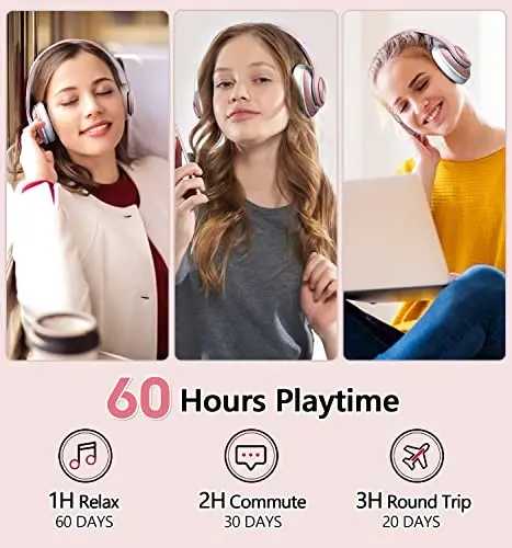 Tuitager 9S Over Ear Bluetooth Headphones, 60 Hours Playtime, Hi-Fi Stereo, Deep Bass, Microphone, Foldable, Rose Gold - 2