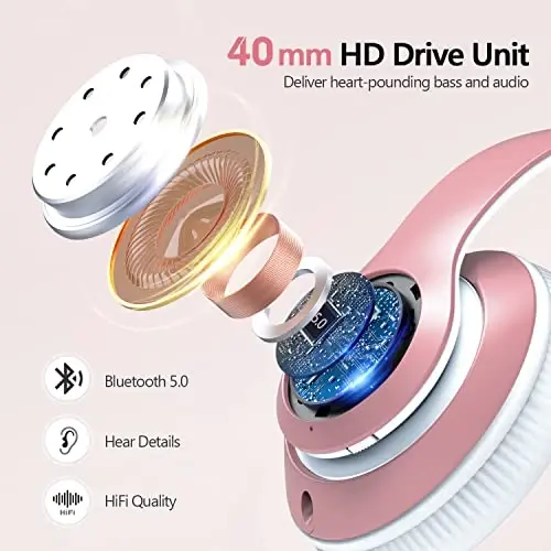 Tuitager 9S Over Ear Bluetooth Headphones, 60 Hours Playtime, Hi-Fi Stereo, Deep Bass, Microphone, Foldable, Rose Gold - 4