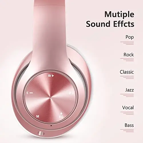 Tuitager 9S Over Ear Bluetooth Headphones, 60 Hours Playtime, Hi-Fi Stereo, Deep Bass, Microphone, Foldable, Rose Gold - 5