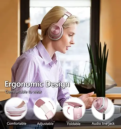 Tuitager 9S Over Ear Bluetooth Headphones, 60 Hours Playtime, Hi-Fi Stereo, Deep Bass, Microphone, Foldable, Rose Gold - 3