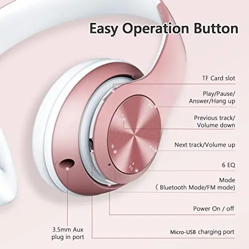 Tuitager 9S Over Ear Bluetooth Headphones, 60 Hours Playtime, Hi-Fi Stereo, Deep Bass, Microphone, Foldable, Rose Gold - 6