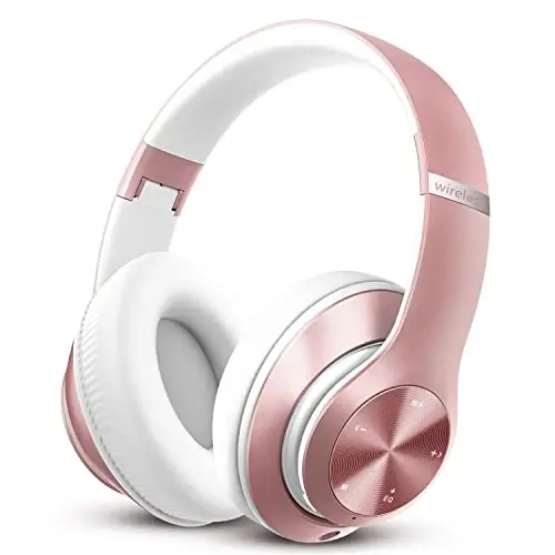 Tuitager 9S Over Ear Bluetooth Headphones, 60 Hours Playtime, Hi-Fi Stereo, Deep Bass, Microphone, Foldable, Rose Gold - 1