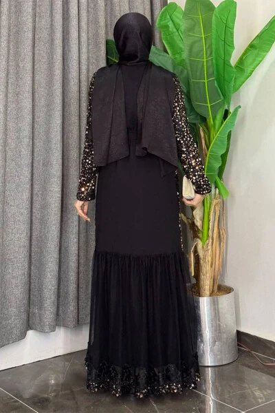 Tul bilan bezatilgan tafsilotli boncuk va payetli Abaya 7376 Gold - BYM FASHION (1)