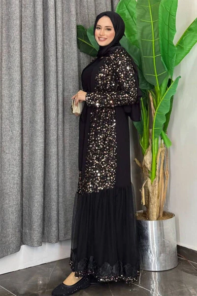 Tul bilan bezatilgan tafsilotli boncuk va payetli Abaya 7376 Gold - 3