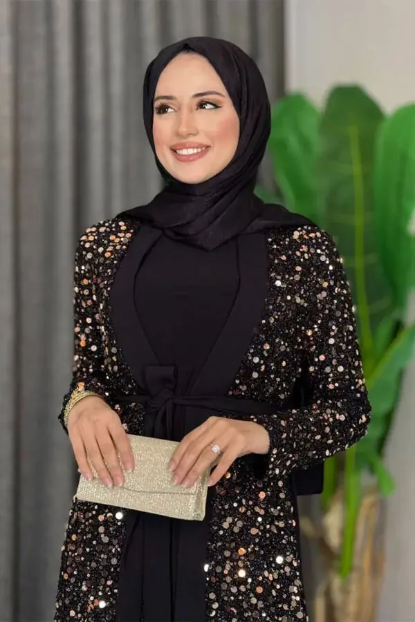 Tul bilan bezatilgan tafsilotli boncuk va payetli Abaya 7376 Gold - 4