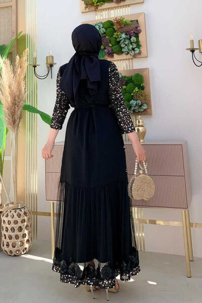 Tül İşleme Detay Pul Payetli Abaya 7376 Gold - 3