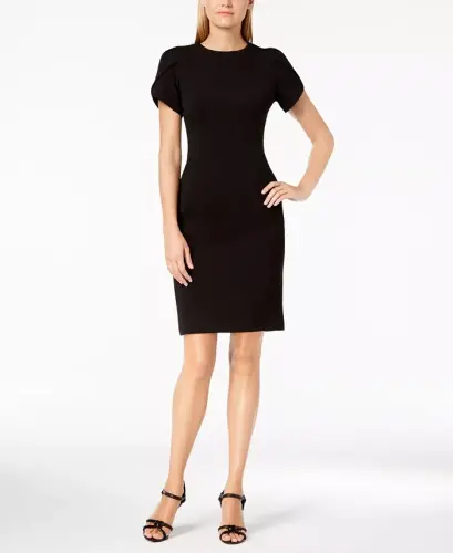 Tulip-Sleeve Sheath Knee-length Dress - Black - 1