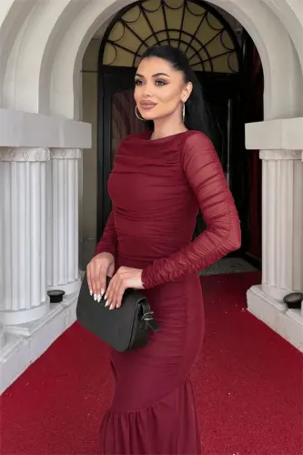 Tül Kumaş Büzgü Detaylı Kalem Elbise - BORDO - 3