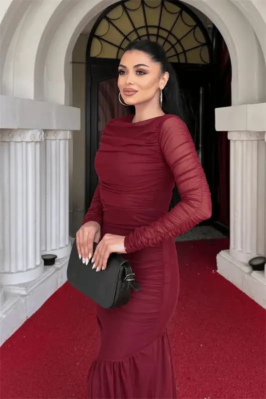 Tül Kumaş Büzgü Detaylı Kalem Elbise - BORDO - 3