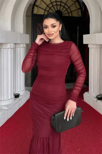 Tül Kumaş Büzgü Detaylı Kalem Elbise - BORDO - 4