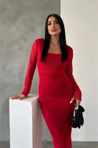 Tül Kumaş Büzgü Detaylı Kalem Elbise - KIRMIZI - 2