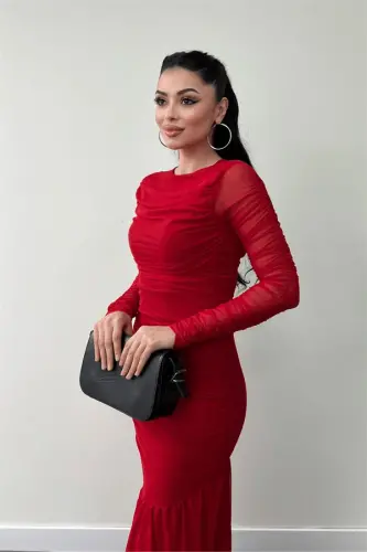 Tül Kumaş Büzgü Detaylı Kalem Elbise - KIRMIZI - 4