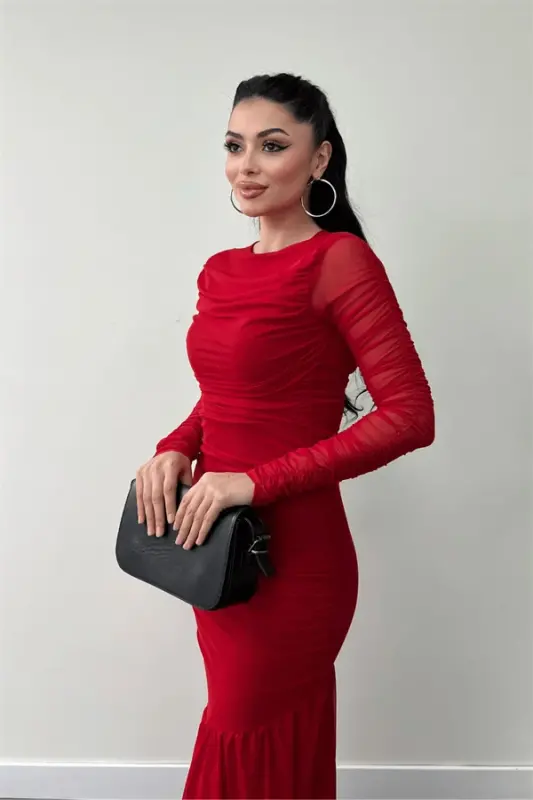 Tül Kumaş Büzgü Detaylı Kalem Elbise - KIRMIZI - 4