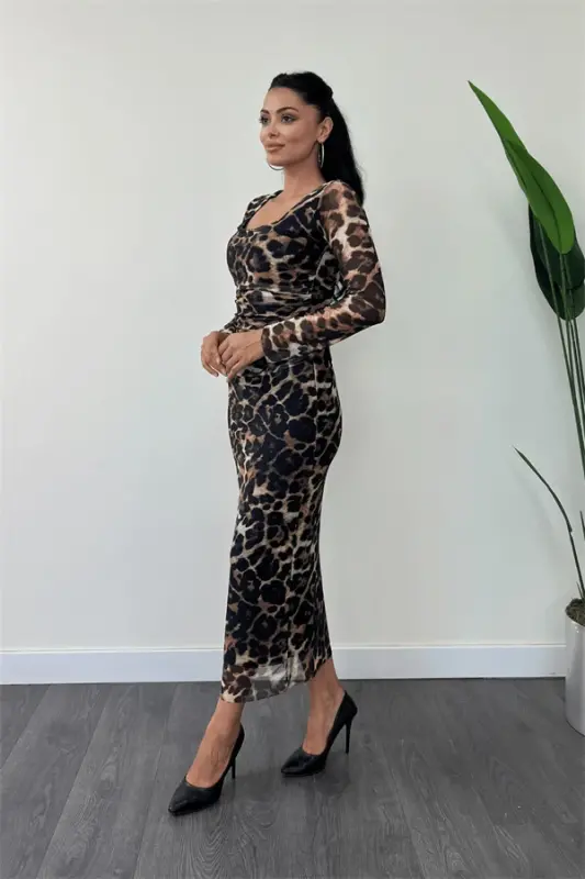 Tül Kumaş Büzgü Detaylı Kalem Elbise - LEOPAR - 1