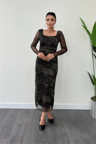Tül Kumaş Kare Yaka Büzgü Detaylı Elbise - LEOPAR - 1