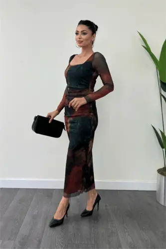 Tül Kumaş Kare Yaka Büzgü Detaylı Elbise - YEŞİL - 1