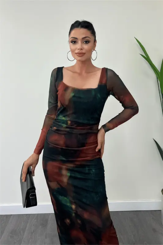 Tül Kumaş Kare Yaka Büzgü Detaylı Elbise - YEŞİL - 3