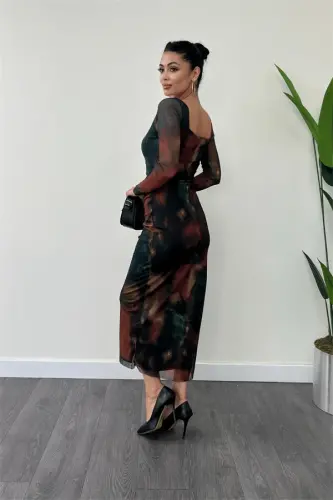 Tül Kumaş Kare Yaka Büzgü Detaylı Elbise - YEŞİL - 5