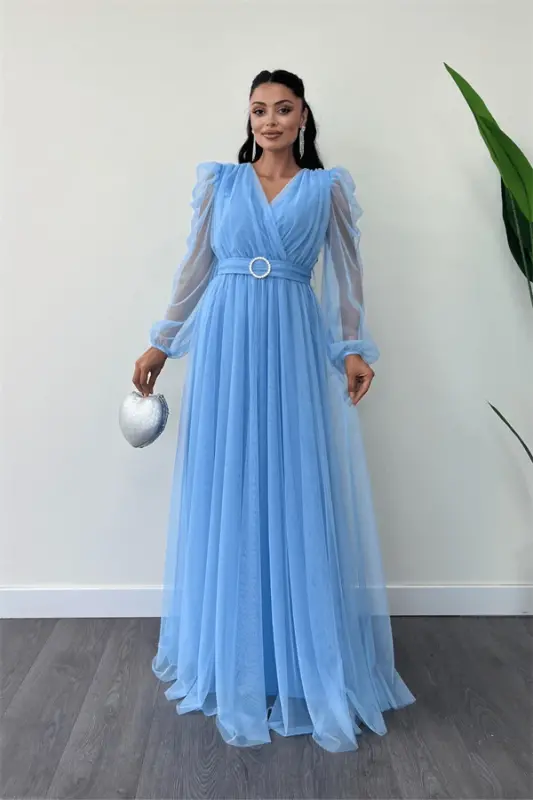 Tül Kumaş Kruvaze Yaka Maxi Elbise - BEBE MAVİSİ - BÜYÜKBEDENIZ