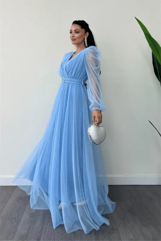 Tül Kumaş Kruvaze Yaka Maxi Elbise - BEBE MAVİSİ - 2