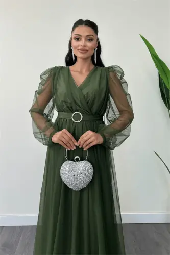 Tül Kumaş Kruvaze Yaka Maxi Elbise - HAKİ YEŞİLİ - 9