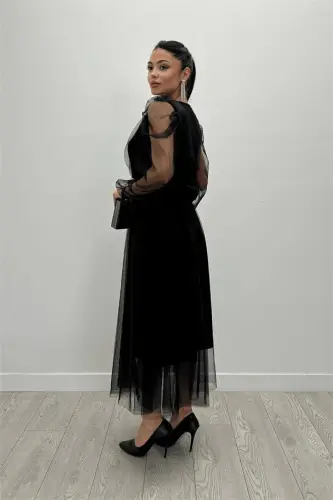 Tül Kumaş Kruvaze Yaka Taş Kemer Detaylı Elbise - SİYAH - 5