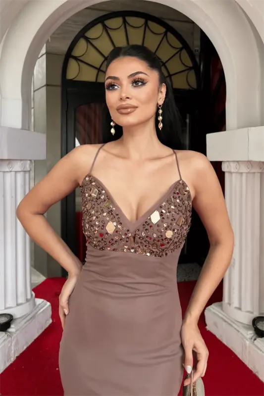 Tül Kumaş Taş Detaylı Sırtı İpli Abiye Elbise - BRONZ - 4