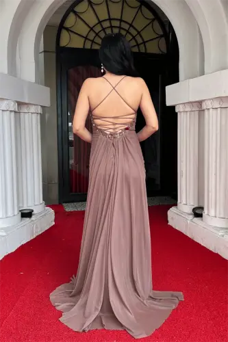 Tül Kumaş Taş Detaylı Sırtı İpli Abiye Elbise - BRONZ - 5