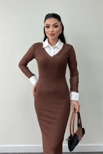 Tül Kumaş Yaka Manşet Detaylı Kalem Elbise - KAHVERENGİ - 4