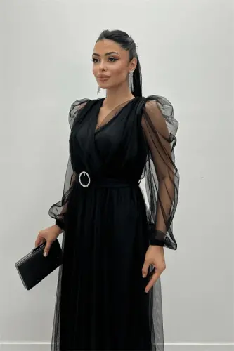 Tül mato chokmon yaka tosh kamar detallari bilan ko'ylak - QORA - 3