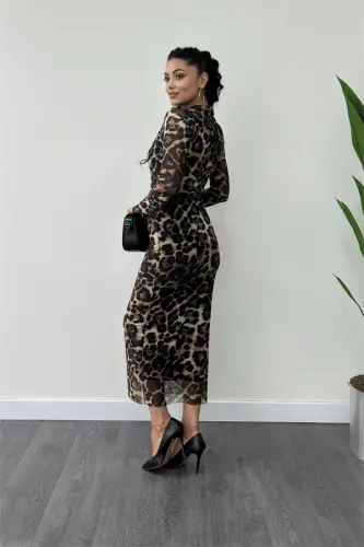 Tül mato, drape detallari bilan qalam ko'ylak - LEOPAR - 5