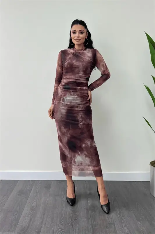 Tül mato drape detalli qalam ko'ylak - BORDO - 2