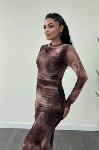 Tül mato drape detalli qalam ko'ylak - BORDO - 4