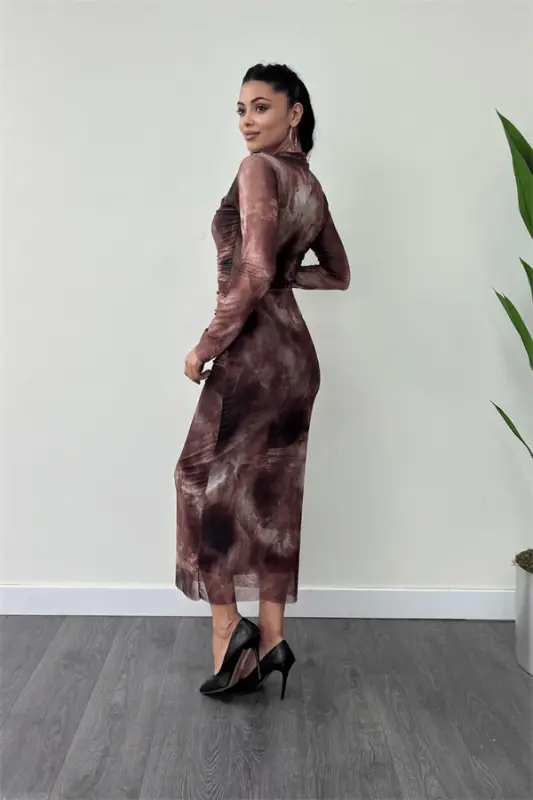 Tül mato drape detalli qalam ko'ylak - BORDO - 5