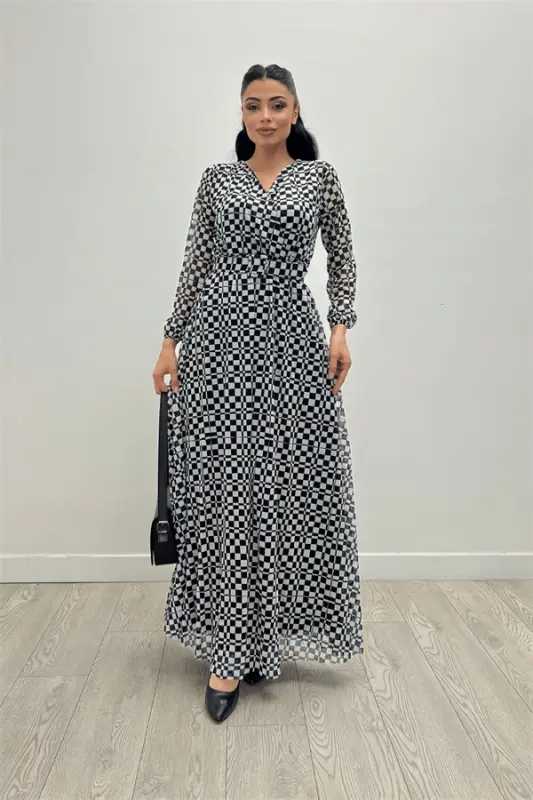 Tül mato kvadrat naqshli maksi ko'ylak - QORA - BÜYÜKBEDENIZ