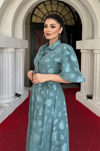 Tül Mato Uch O'lchamli Tikilgan Midi Libos - MINT YASHIL - 4