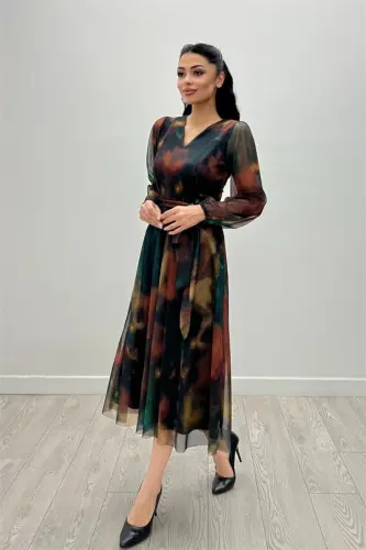 Tül mato V yoqali midi ko'ylak - SARIQ - 3