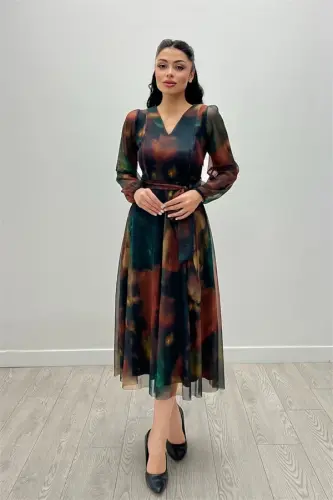 Tül mato V yoqali midi ko'ylak - SARIQ - 4