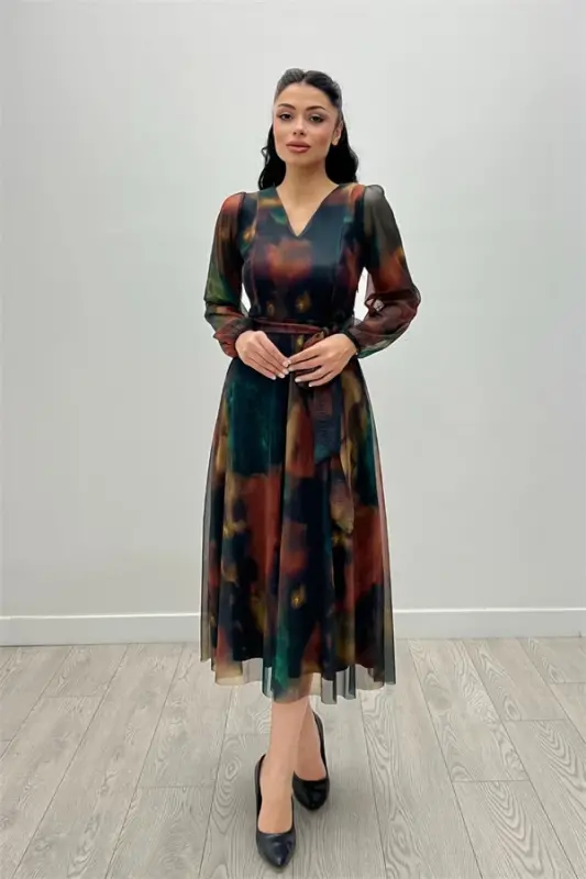 Tül mato V yoqali midi ko'ylak - SARIQ - 4