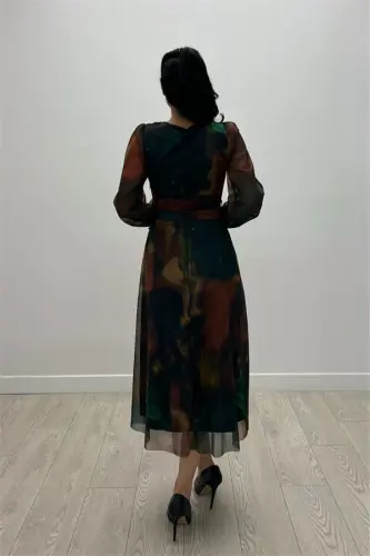 Tül mato V yoqali midi ko'ylak - SARIQ - 5