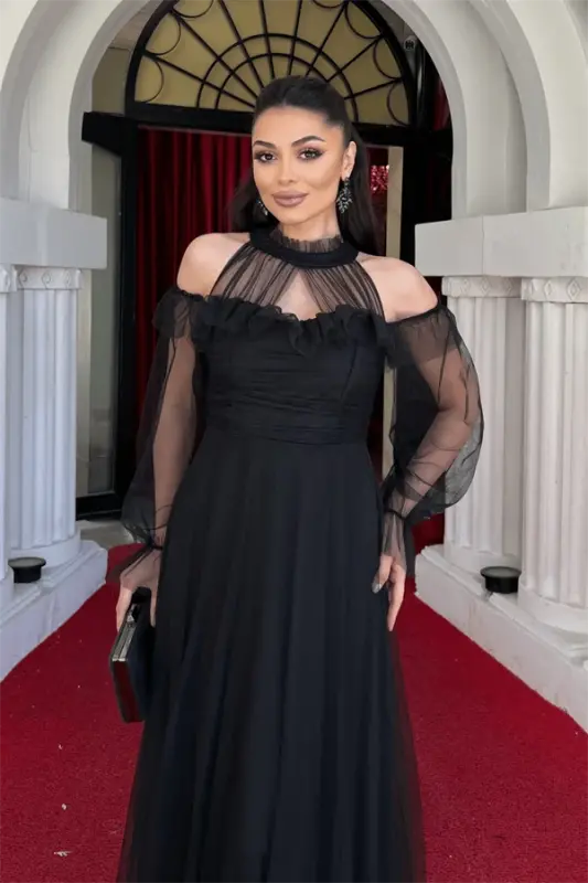 Tül mato volan detalli dizayndagi ko'ylak - QORA - 4