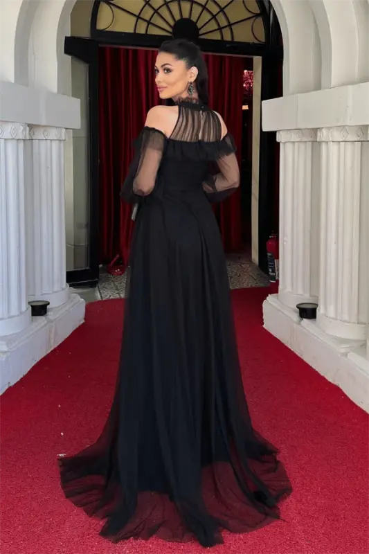 Tül mato volan detalli dizayndagi ko'ylak - QORA - 5