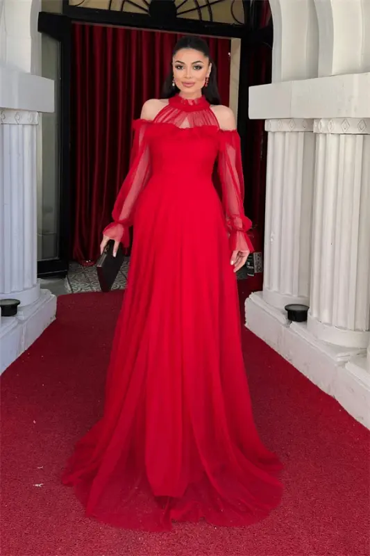 Tül mato volan detalli dizaynerlik libos - QIZIL - 1