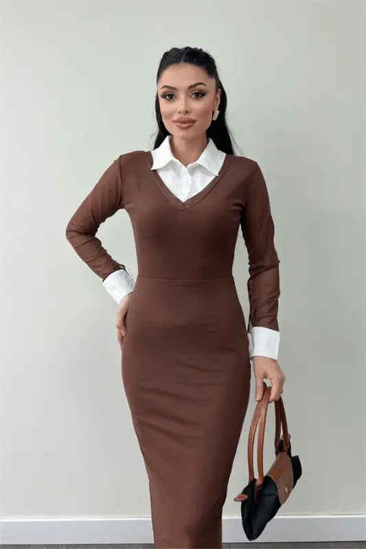 Tül mato yoqa manjet detallari bilan qalam ko'ylak - jigarrang - 4