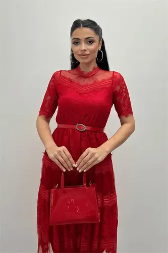 Tül Matodan Ishlab Chiqilgan, Dantelli Midi Libos - QIZIL - 3