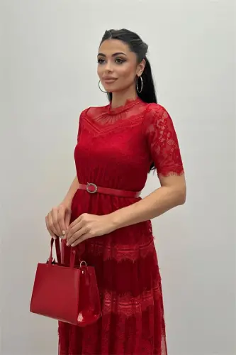 Tül Matodan Ishlab Chiqilgan, Dantelli Midi Libos - QIZIL - 4