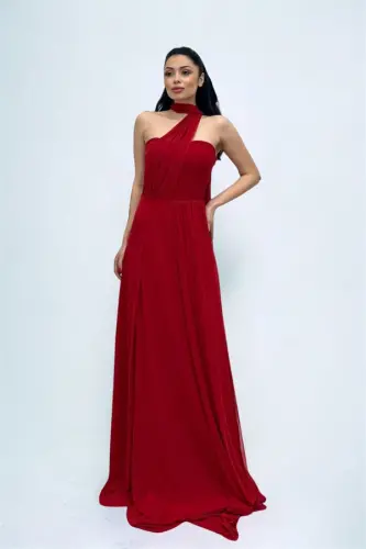 Tul matoli, strapless, shal detallik ko'ylak - QIZIL - 4