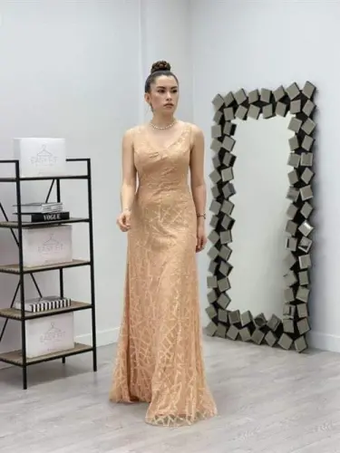 Tül Payet Tasarım Balık Elbise - GOLD - 2