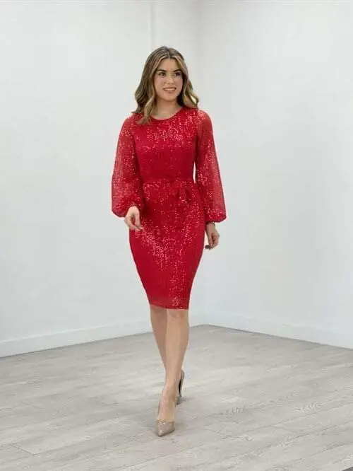 Tül Payet Tasarım Elbise - KIRMIZI - 2