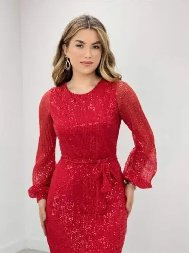 Tül Payet Tasarım Elbise - KIRMIZI - 4